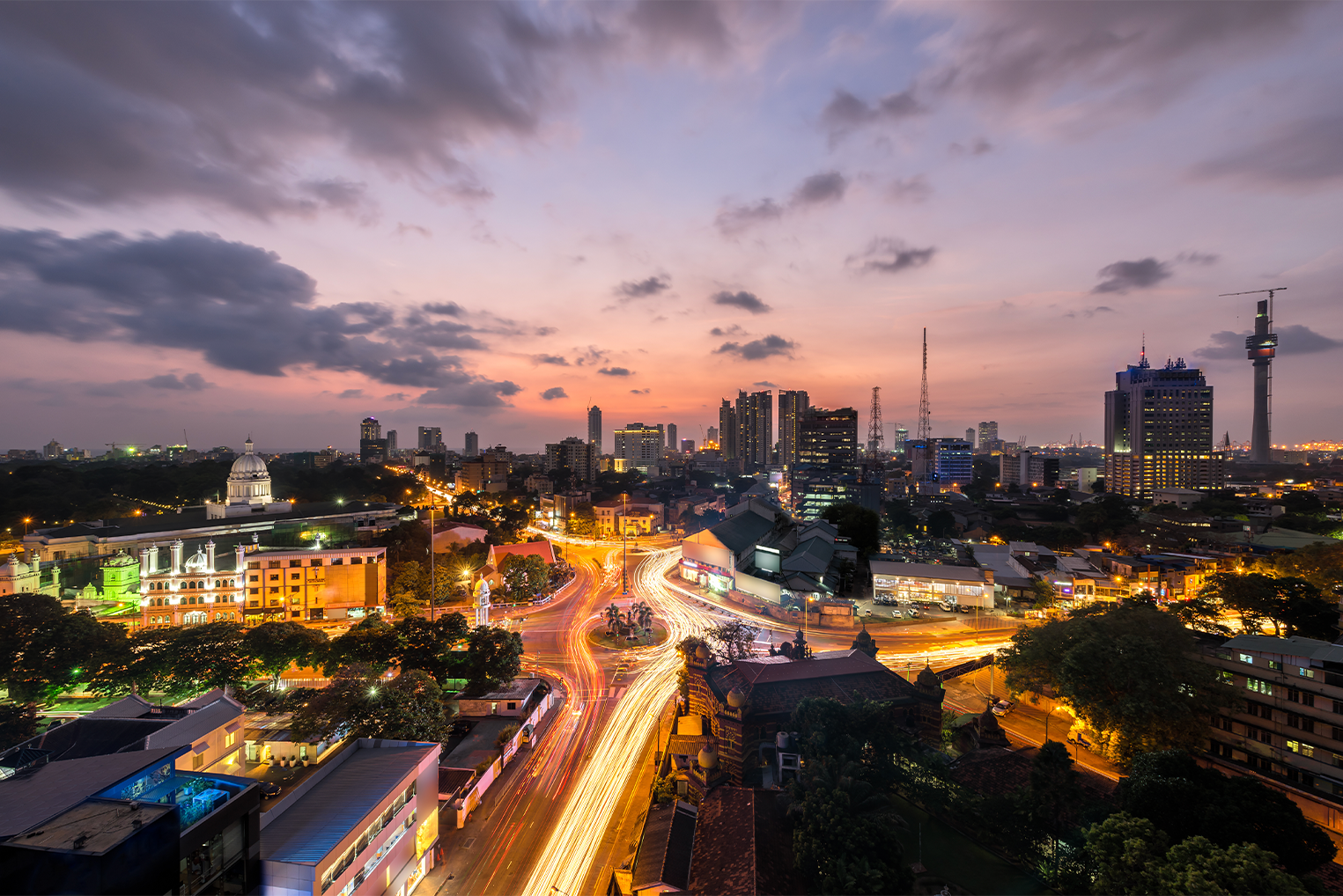 Colombo skyline glowing at dusk
